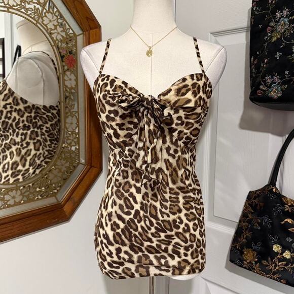 American Vintage Tops - VTG Y2K Brown 100% Cotton Sheer Leopard Print Tie Front Lightweight Cami Top